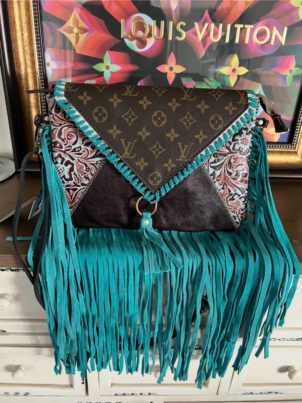 Teal Fringe Monogram Crossbody Bag
